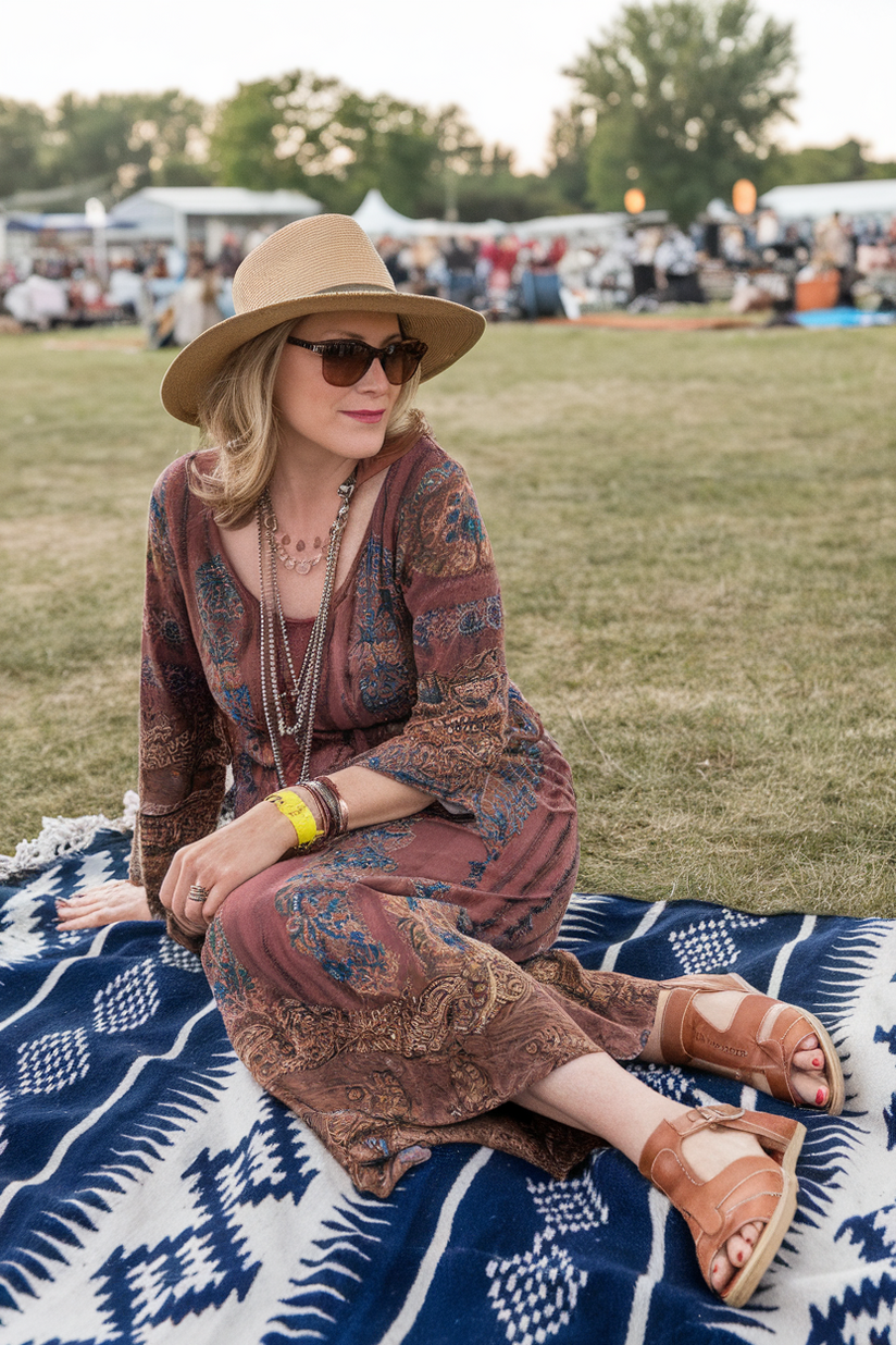 Woman in her forties wearing a boho dress and leather sandals, sitting on a blanket at an outdoor music festival.