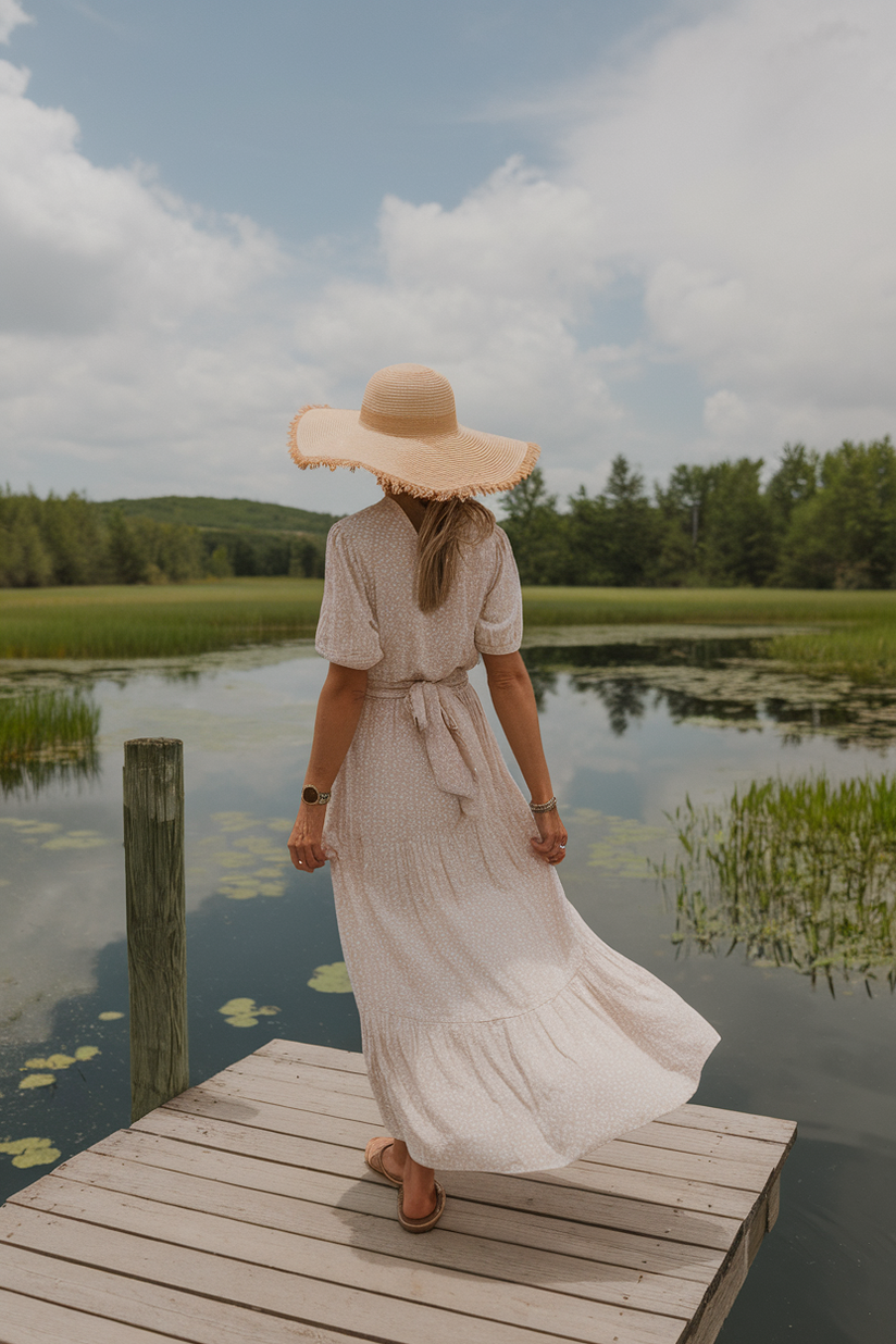 Woman in her forties wearing a sun hat and white dress, standing on a pier overlooking a lake.