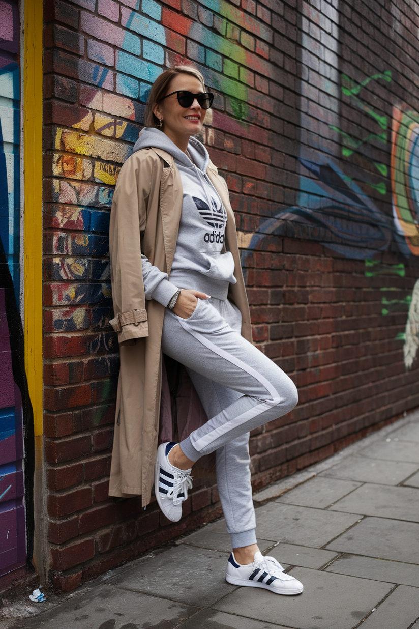 Woman in her forties wearing Adidas Samba sneakers and joggers, standing by a brick wall with street art.