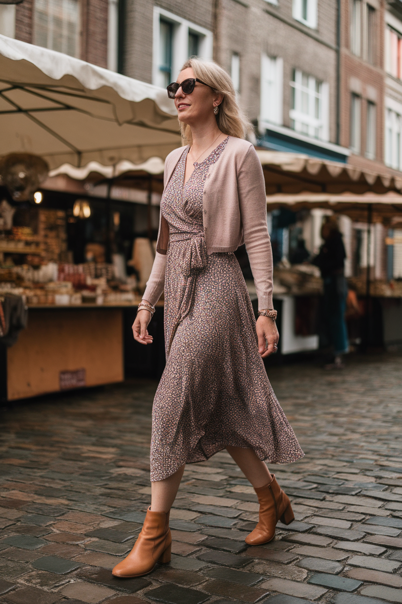 Woman in her forties wearing ankle boots and a floral wrap dress, walking in a street market.