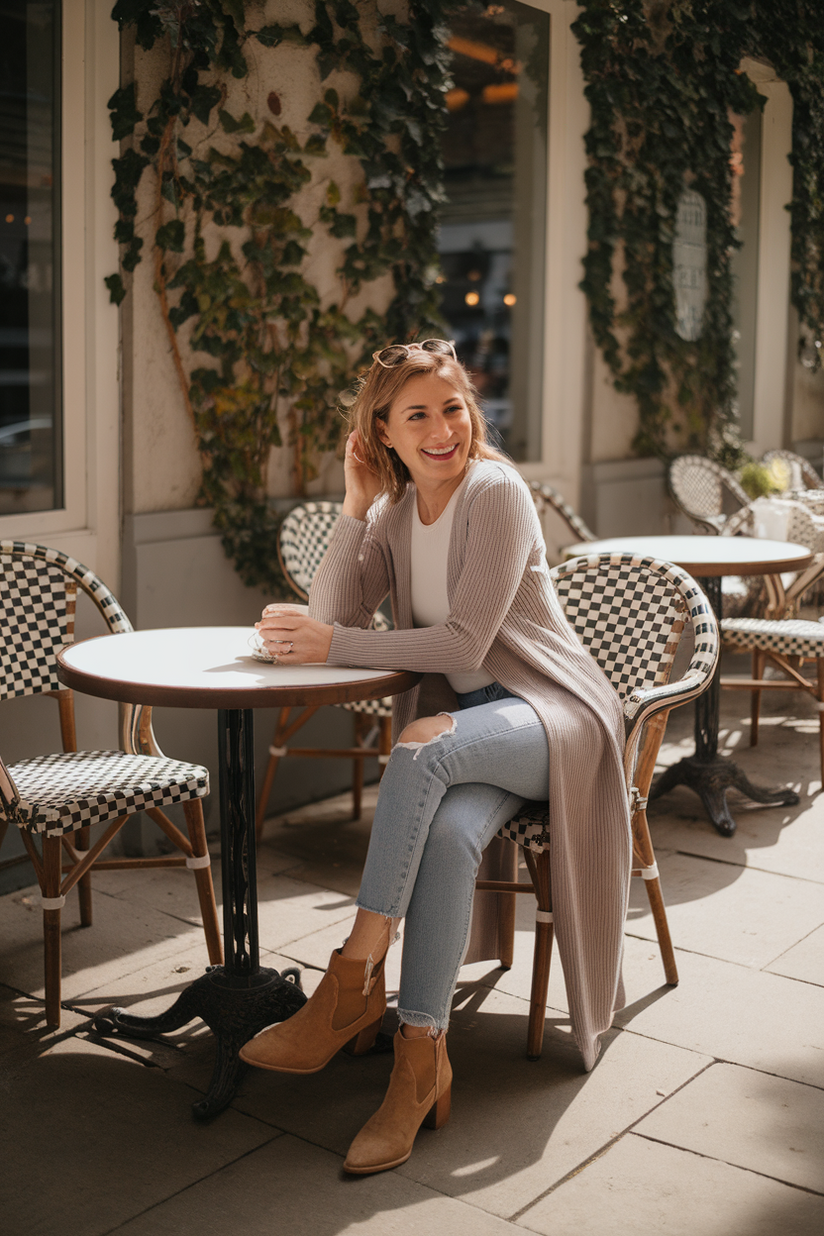 Woman in her forties wearing a duster cardigan and jeans, sitting in a sunlit café courtyard.