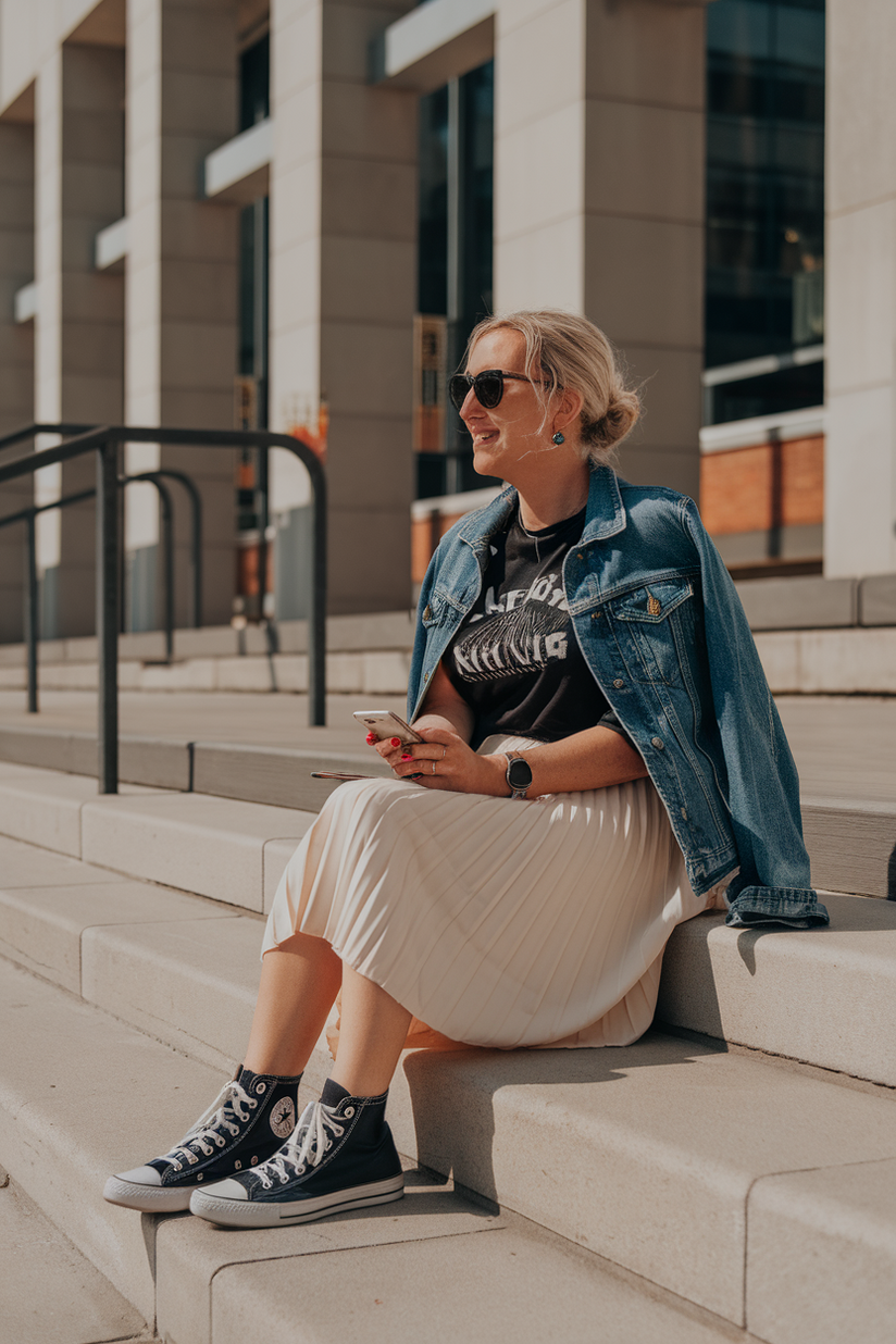 Woman in her forties wearing Converse sneakers and a pleated skirt, sitting on city library steps.