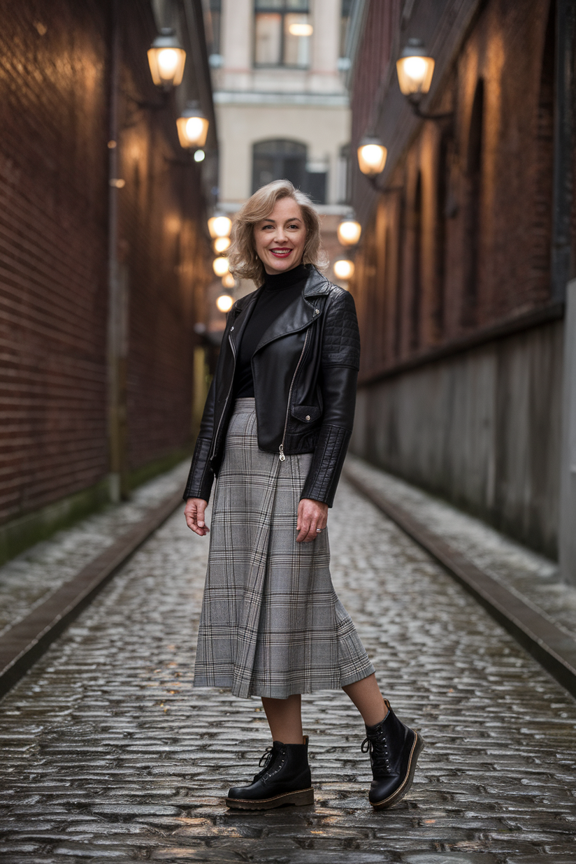 Woman in her forties wearing black Doc Martens and a plaid skirt, standing on a cobblestone alleyway.