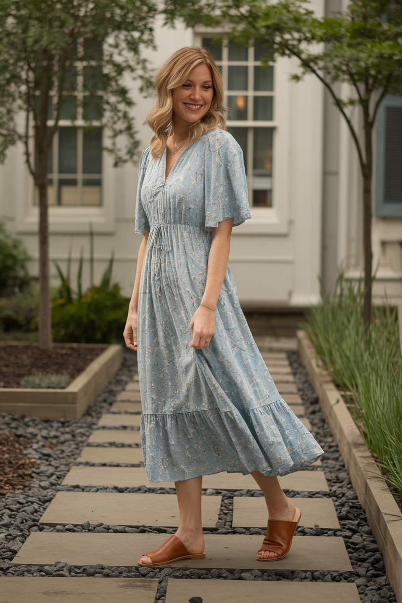 Woman in her forties wearing a blue floral dress and sandals, standing in a garden with stone paths.