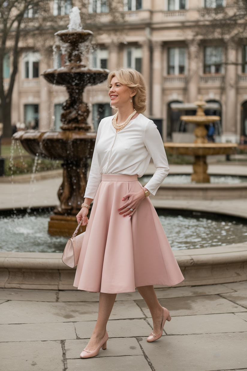 Woman in her forties wearing pink ballet flats and a white blouse, walking in a city garden with fountains.