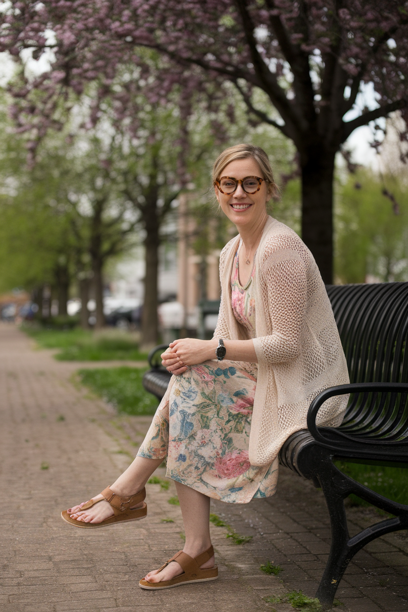 Woman in her forties wearing glasses and a floral sundress, sitting under a blossoming tree.