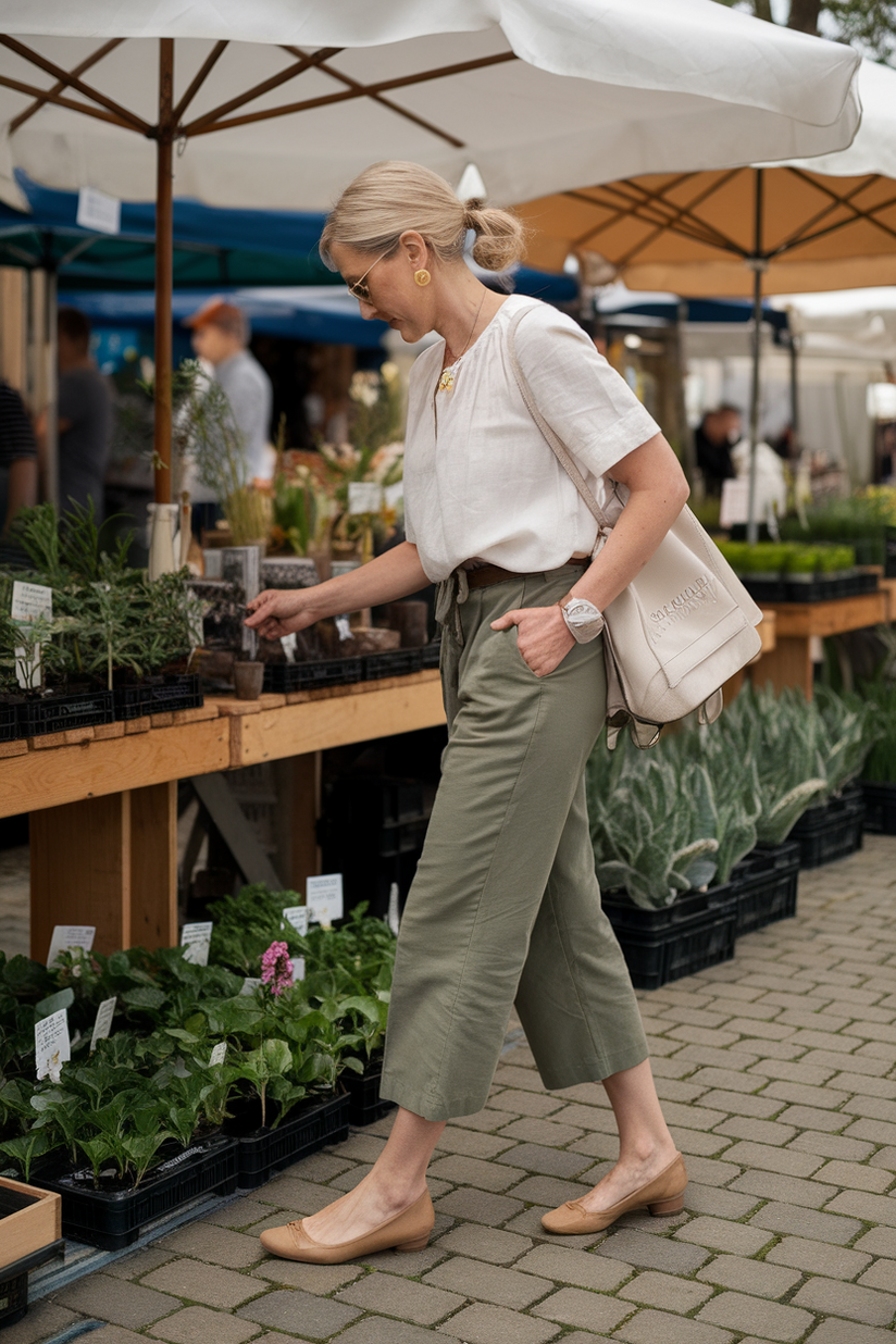 Woman in her forties wearing olive green pants and a white blouse, browsing plants at an outdoor market.