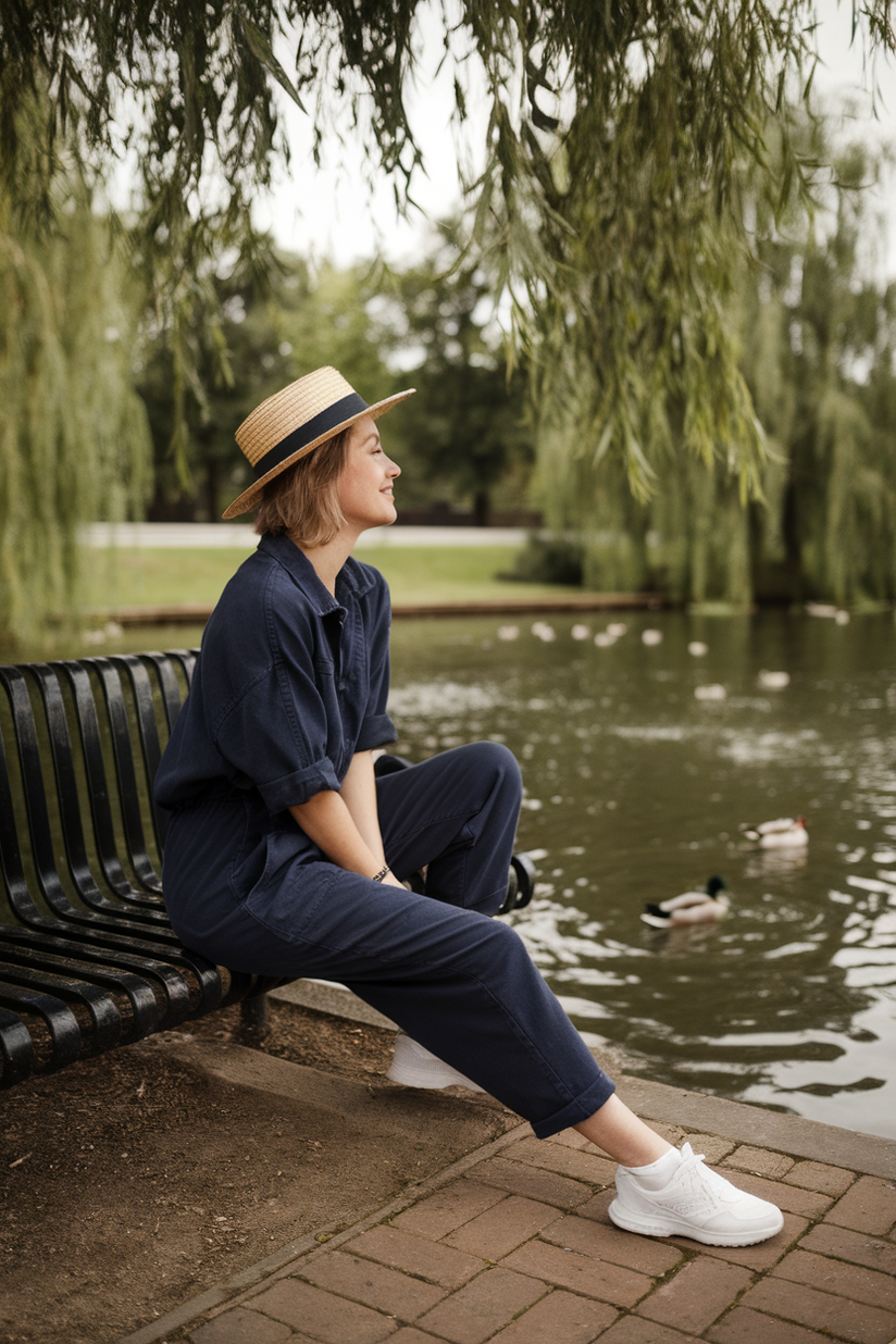 Woman in her forties wearing a straw hat and navy jumpsuit, sitting on a park bench by a duck pond.