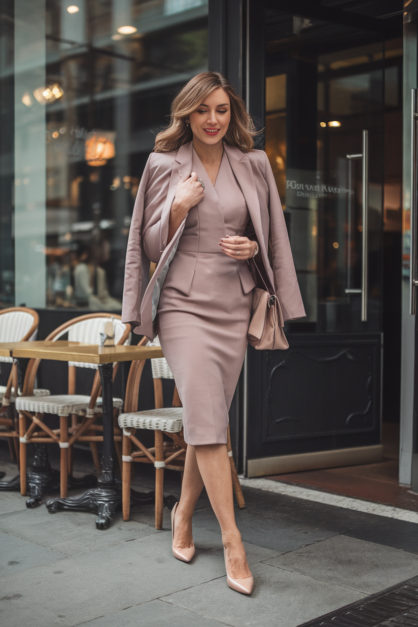 Woman in her forties wearing nude heels and a tailored dress, stepping out of a coffee shop onto an urban street.