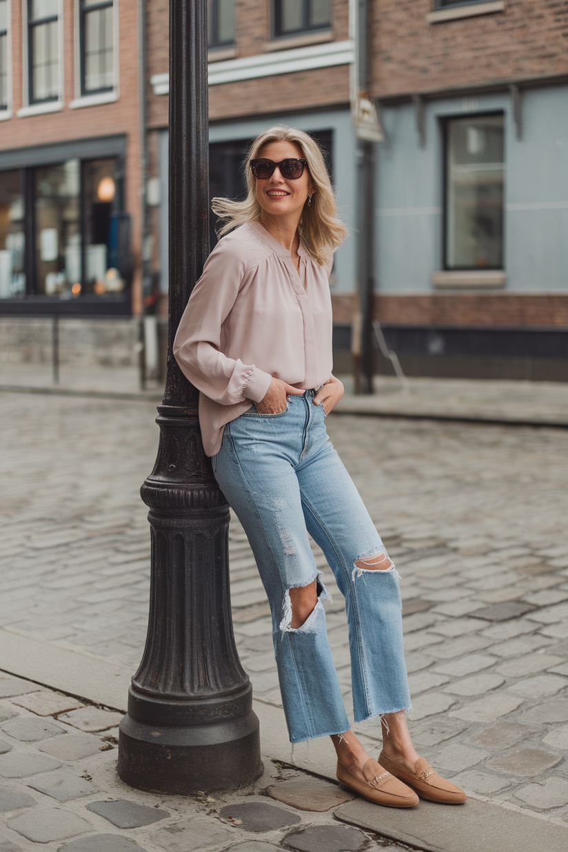 Woman in her forties wearing distressed blue jeans and a pink blouse, standing on a cobblestone street.