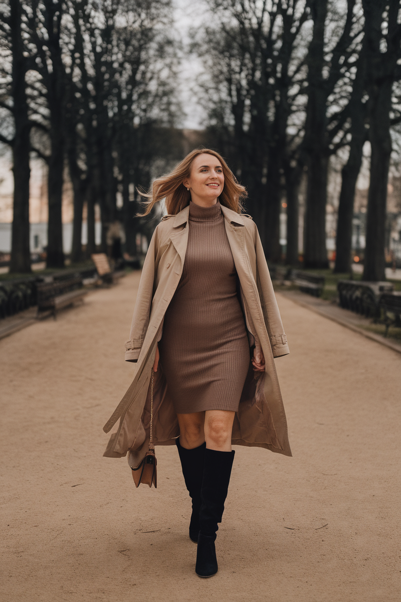 Woman in her forties wearing black knee-high boots and a trench coat, walking on a path in a historic park.