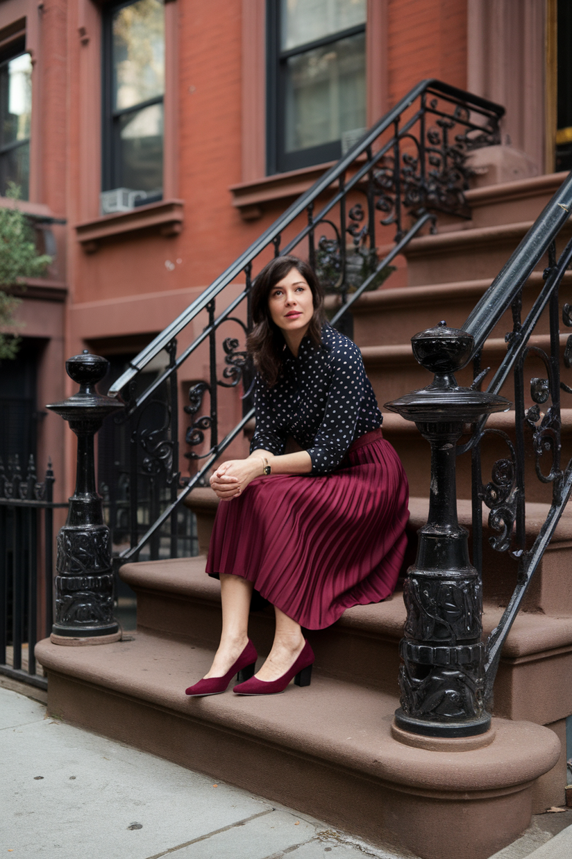 Woman in her forties wearing burgundy Mary Janes and a pleated skirt, sitting on brownstone steps.