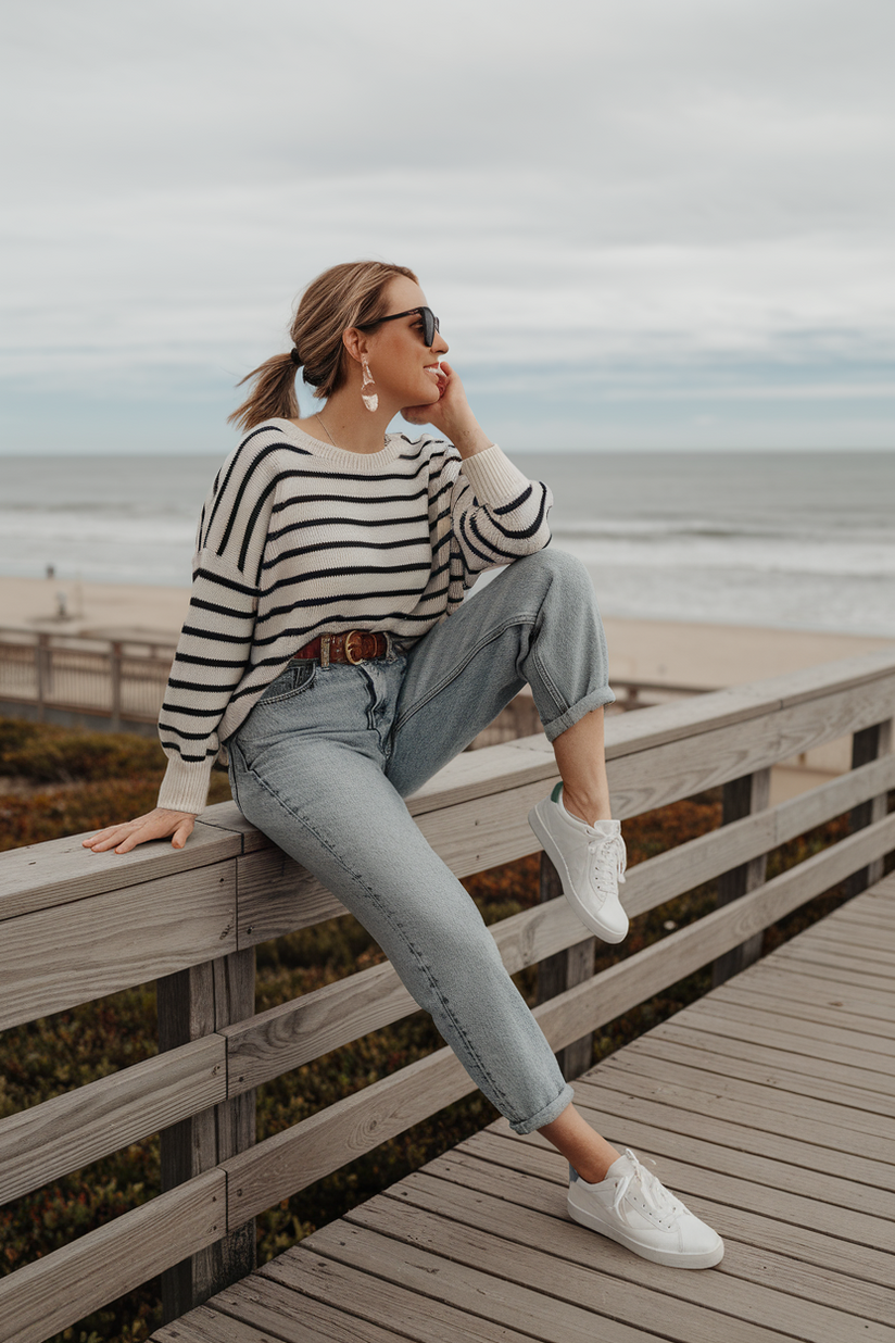 Woman in her forties wearing mom jeans and a striped sweater, sitting on a boardwalk by the ocean.