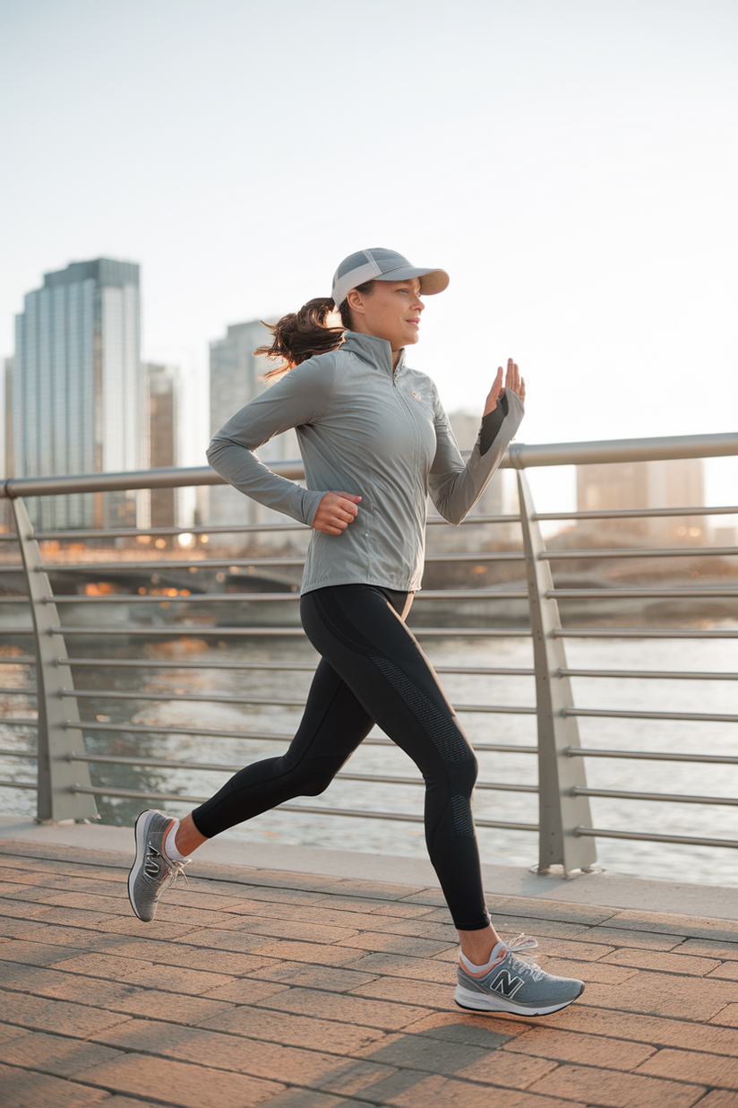 Woman in her forties wearing New Balance 530 sneakers and leggings, jogging on a riverside city trail at sunrise.