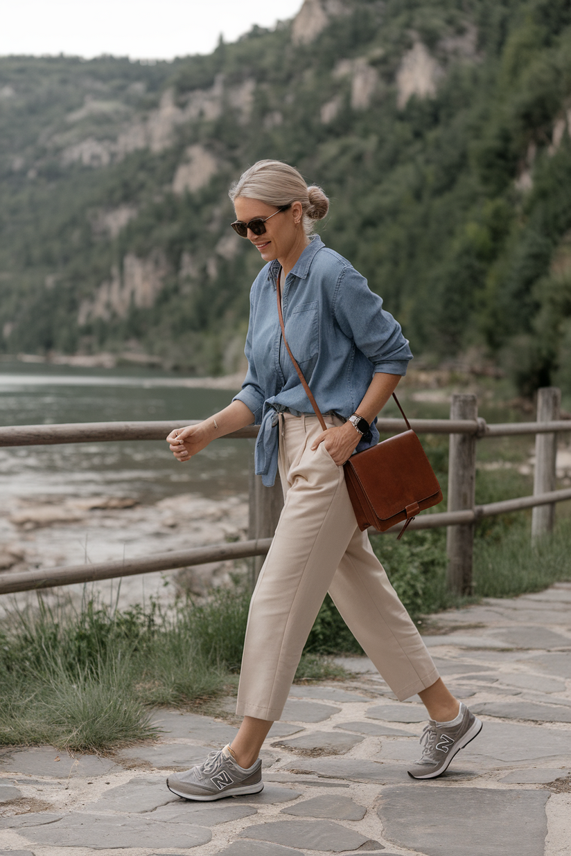 Woman in her forties wearing New Balance sneakers and beige trousers, walking on a riverside trail.