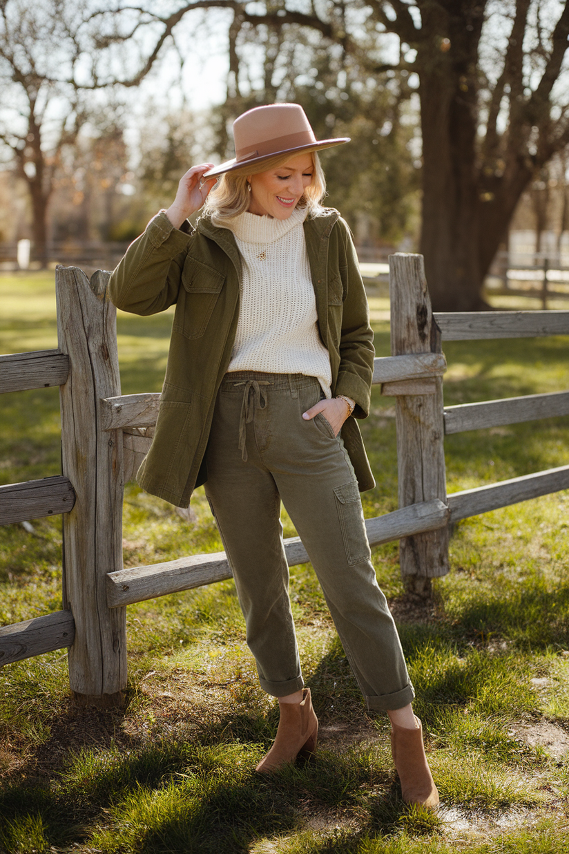 Woman in her forties wearing olive pants and a cream sweater, standing by a wooden fence in a park.