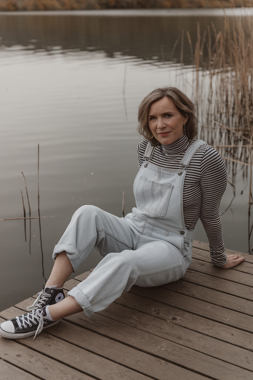 Woman in her forties wearing denim overalls and a striped turtleneck, sitting on a dock by a lake.