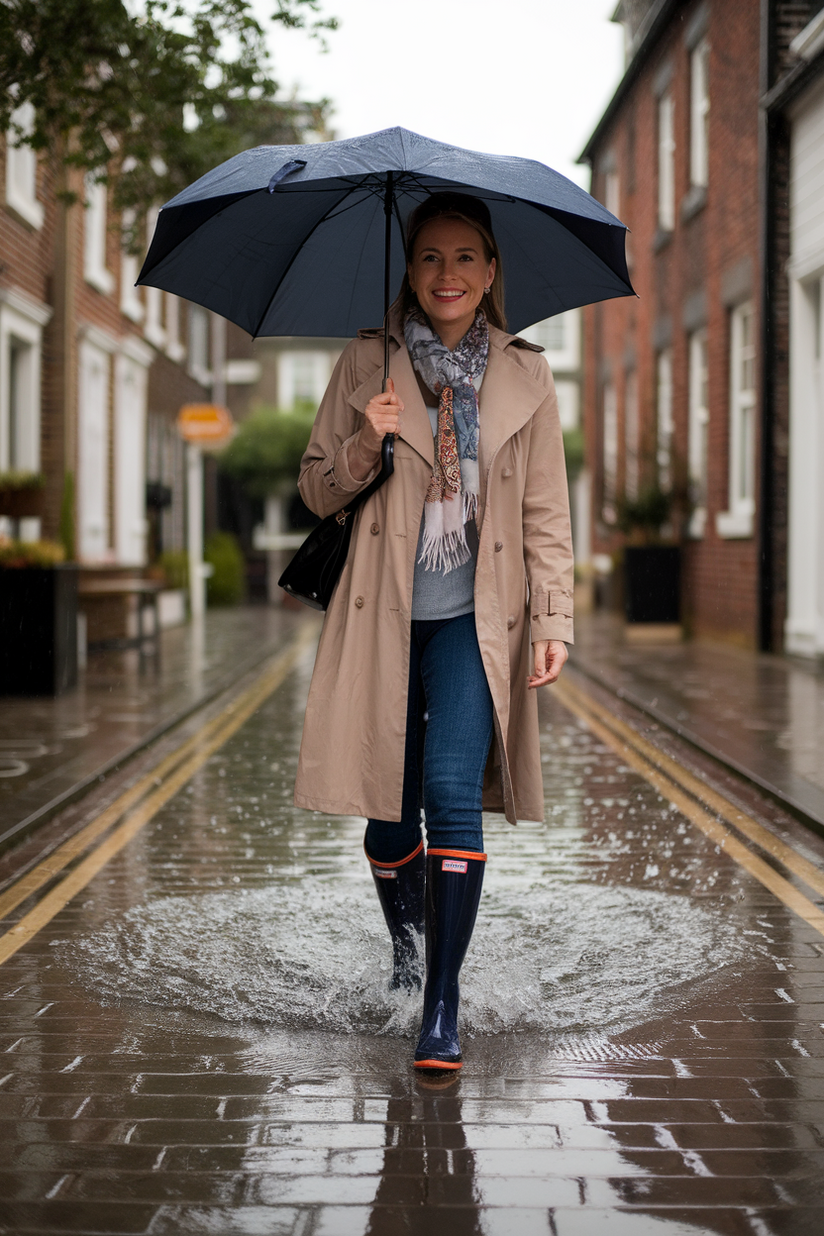 Woman in her forties wearing navy rain boots and a trench coat, holding an umbrella and walking on a cobblestone street.