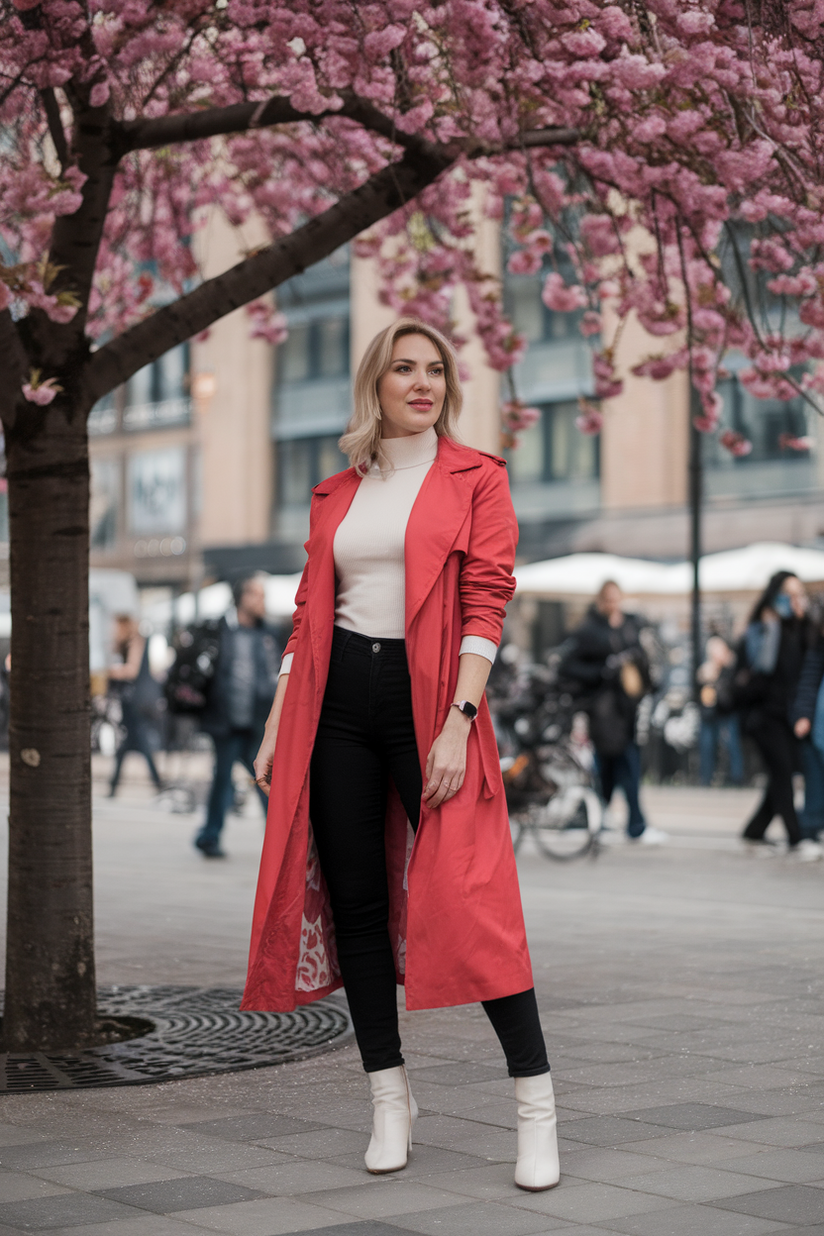 Woman in her forties wearing a red trench coat and black jeans, standing under a cherry tree in a park.