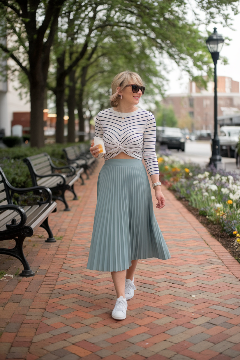 Woman in her forties wearing a pleated skirt and striped top, walking on a flower-lined brick path.