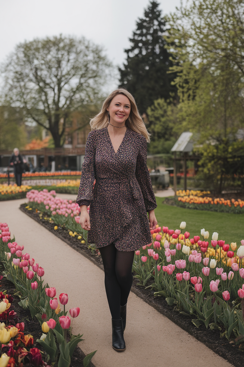 Woman in her forties wearing black tights and a floral dress, walking in a tulip-filled botanical garden.