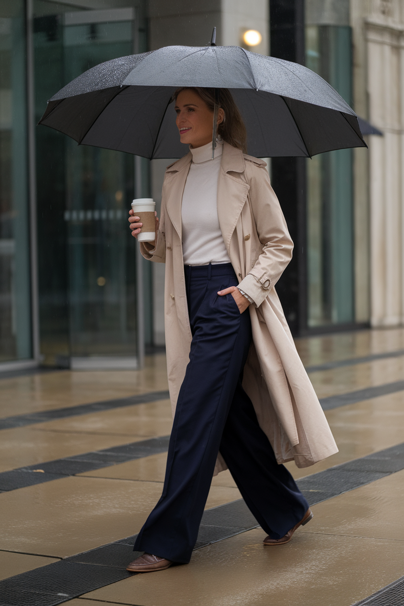 Woman in her forties wearing a beige trench coat and navy slacks, walking on a rain-wet boulevard.