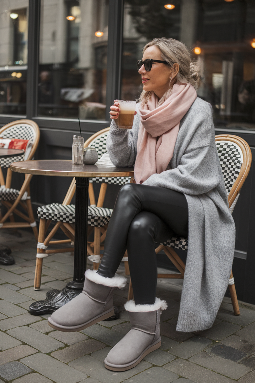 Woman in her forties wearing gray UGG boots and an oversized cardigan, sitting at an outdoor café.