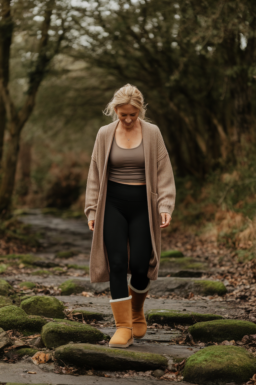 Woman in her forties wearing tan UGG boots and a cardigan, walking in a forest trail.