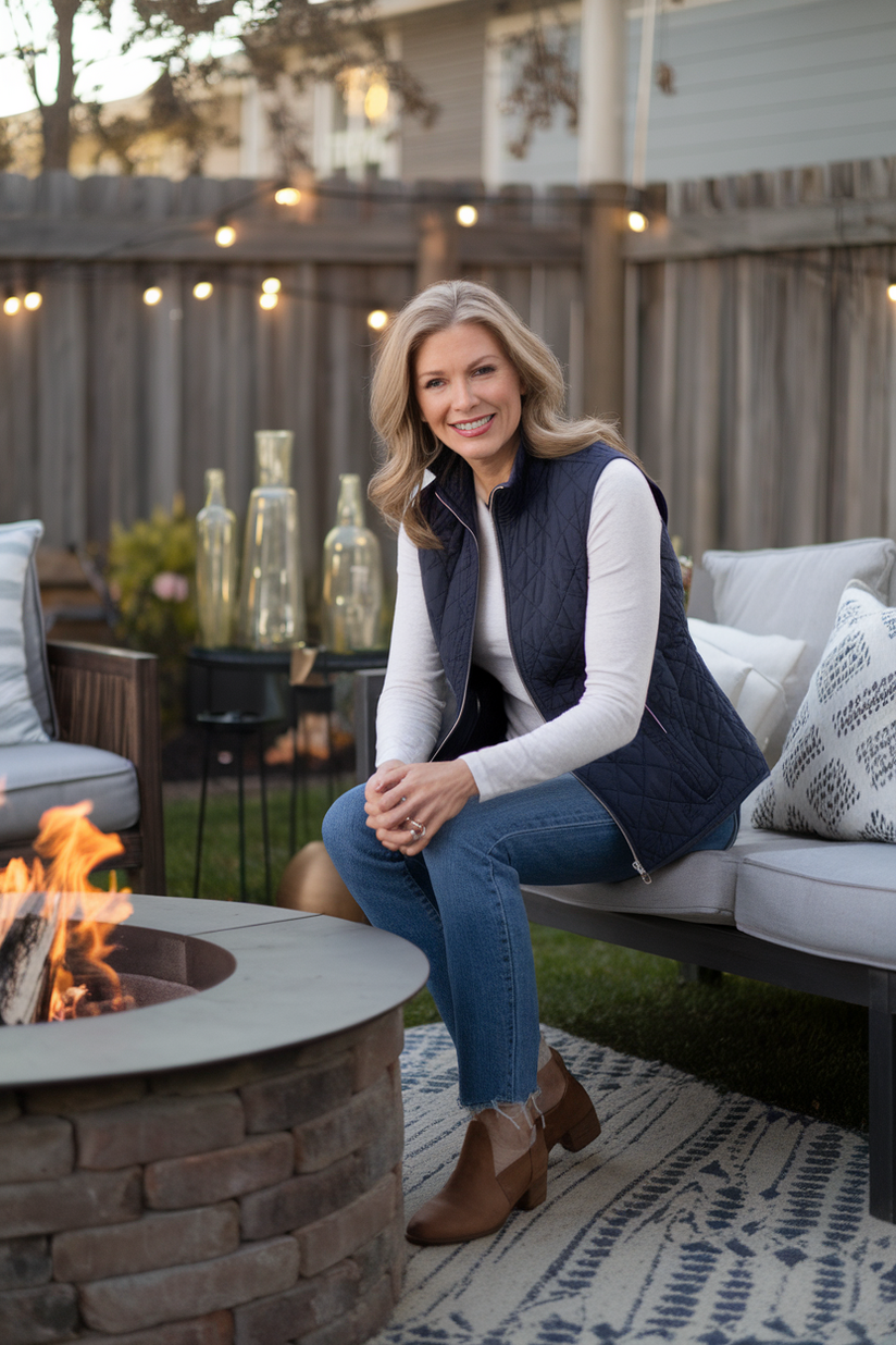 Woman in her forties wearing a quilted navy vest and jeans, sitting by a firepit in a backyard.