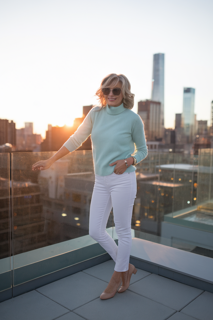 Woman in her forties wearing white jeans and a pastel sweater, standing on a balcony at sunset.