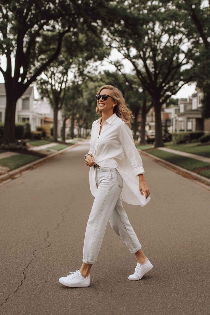 Woman in her forties wearing white sneakers and boyfriend jeans, walking on a tree-lined street.