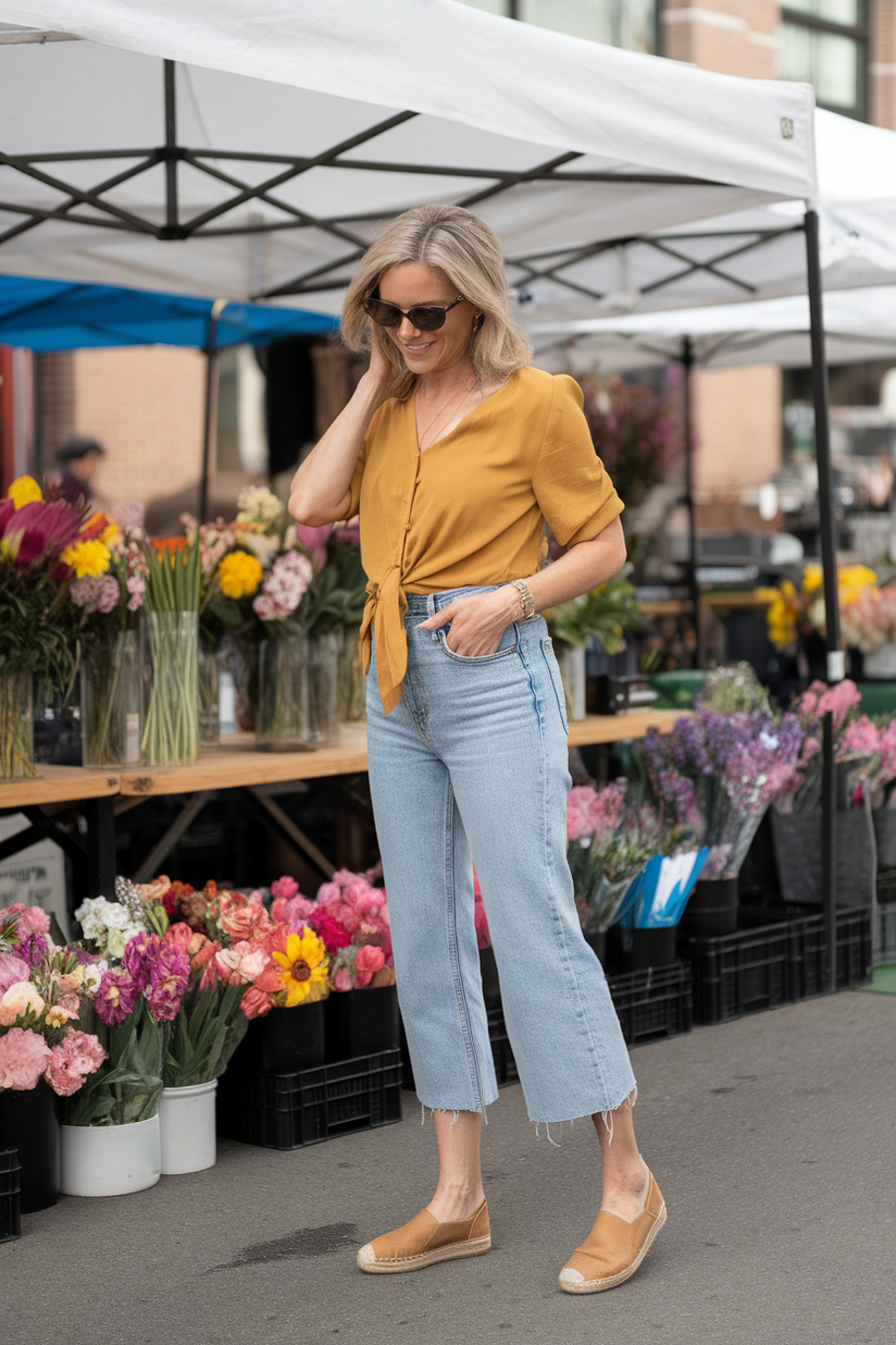 Woman in her forties wearing a yellow blouse and cropped jeans, standing at a flower-filled market booth.