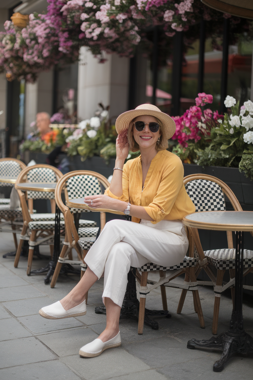 Woman in her forties wearing a yellow blouse and white trousers, sitting at a flower-filled café terrace.