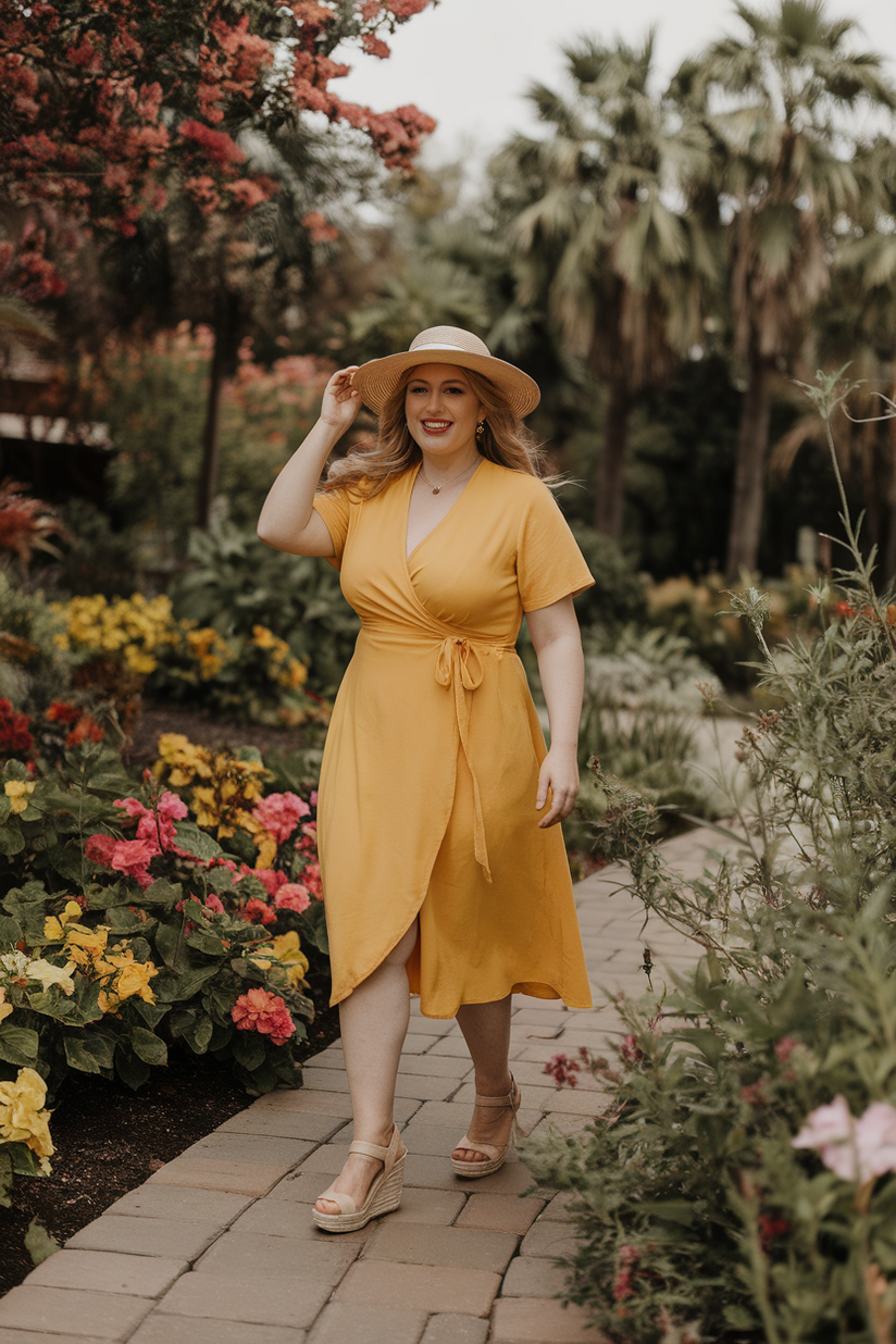 Curvy woman in her forties wearing a yellow wrap dress and wedge sandals, walking in a botanical garden.