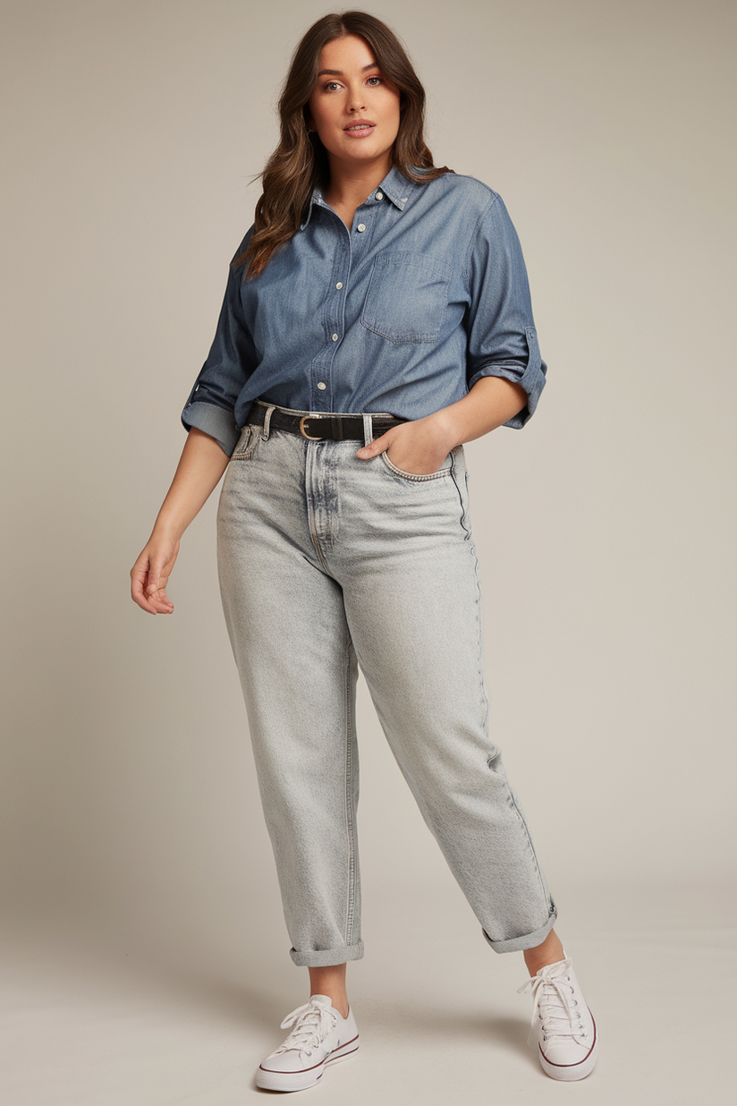 Plus-size woman in a chambray shirt and light wash jeans with white sneakers, standing against a plain background.