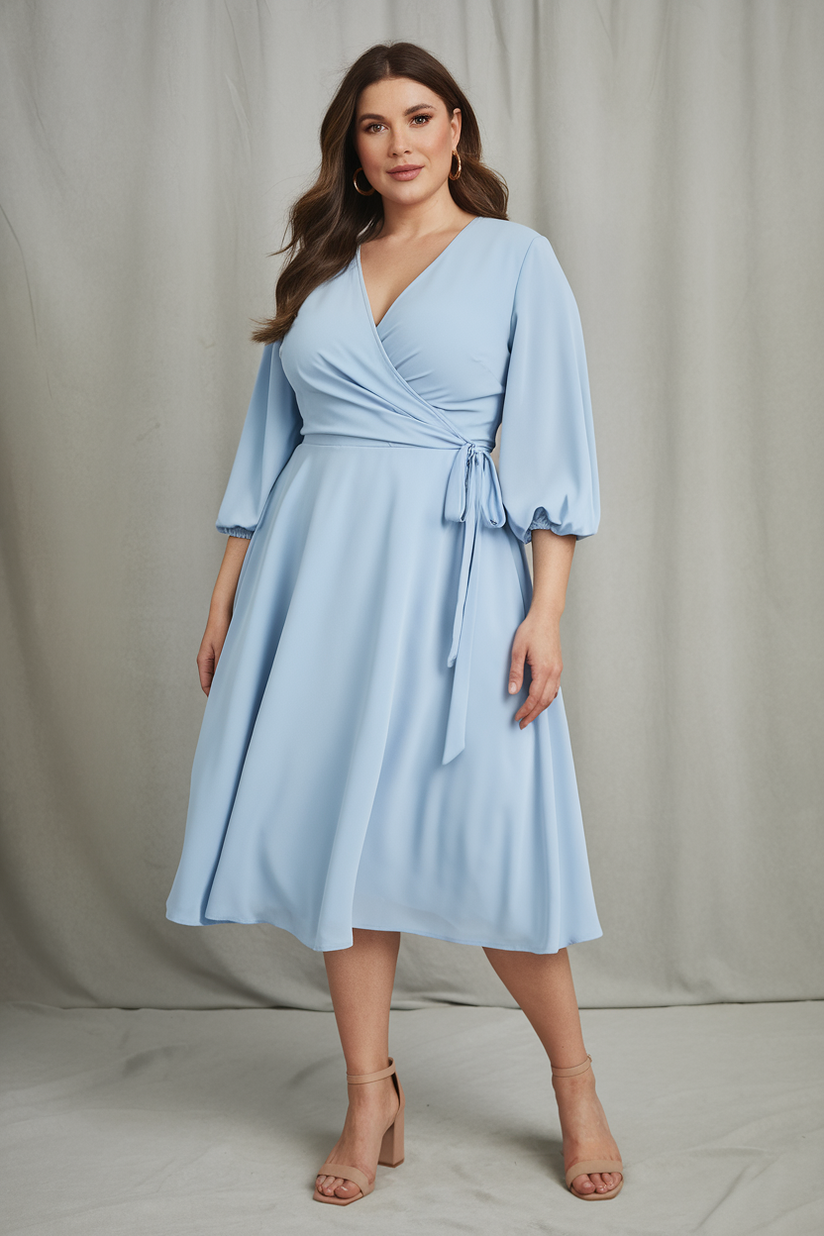 Plus-size woman in a light blue wrap dress with three-quarter sleeves and nude block-heeled sandals, standing against a gray background.