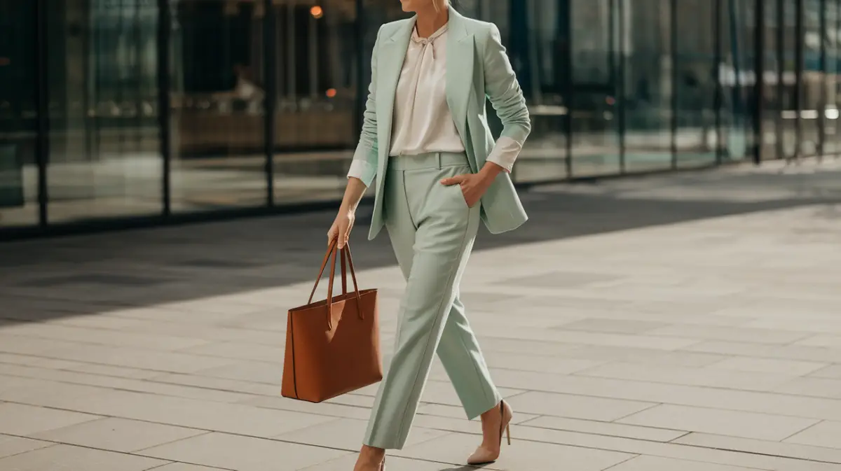 A woman in a mint-green blazer, white blouse, tailored beige trousers, and nude heels, carrying a brown leather tote in a sunny city setting.