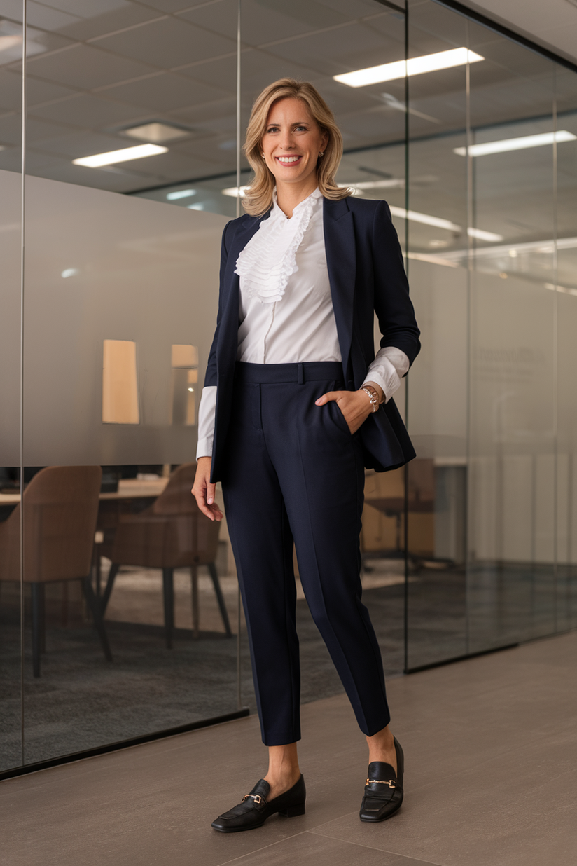 Navy trousers and a white ruffled blouse styled for work outfits for women over 40 in spring.