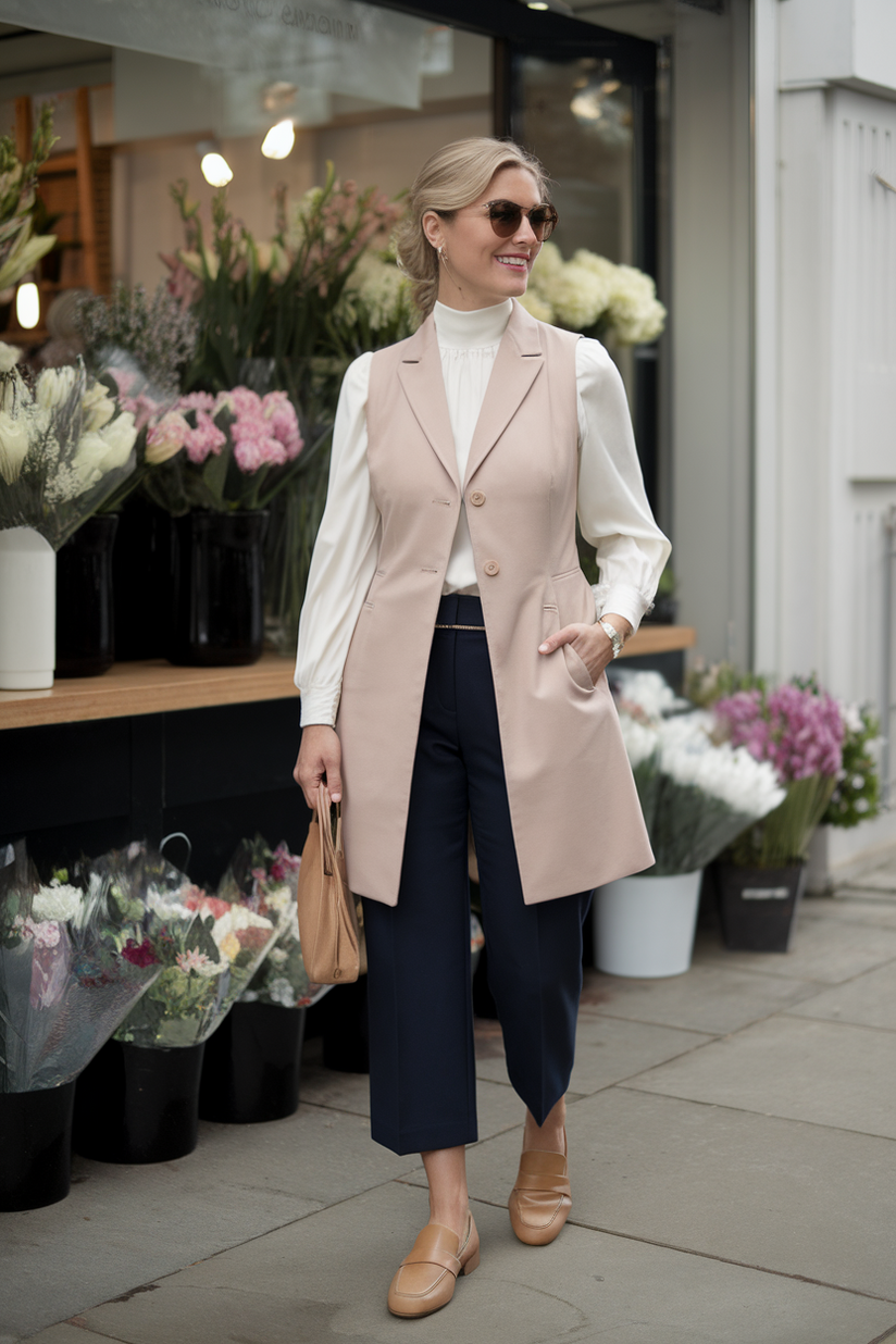 A beige tailored vest and navy trousers styled for spring work.