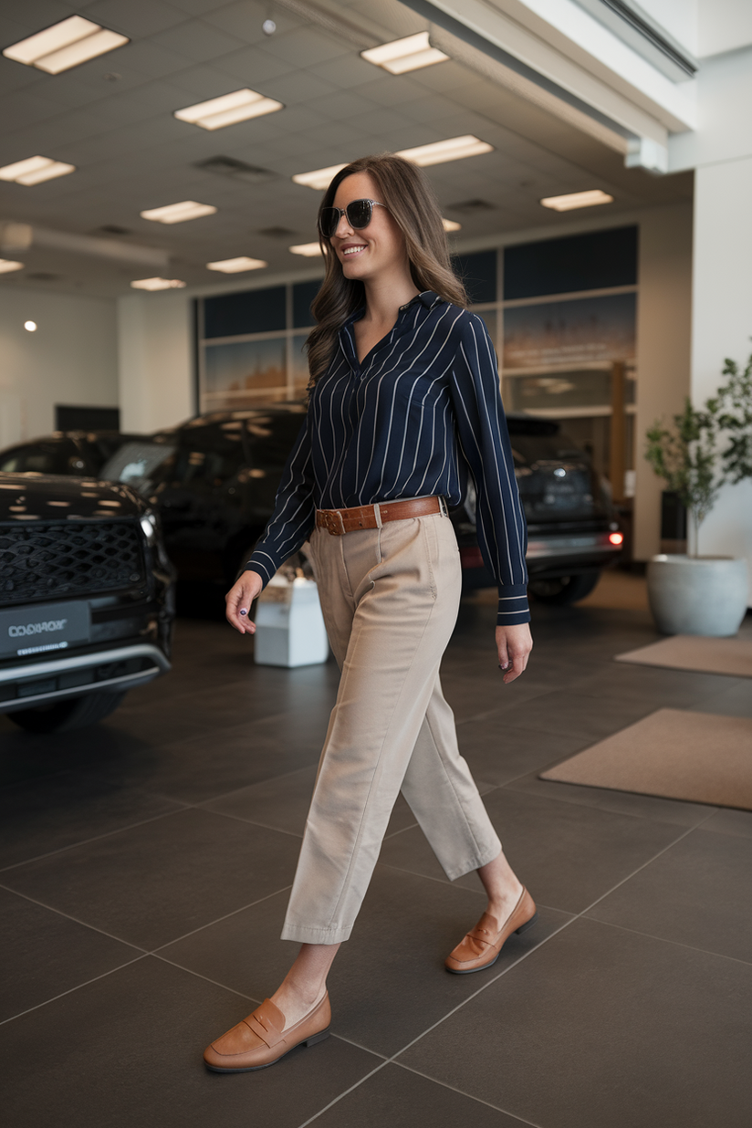 Cropped khaki trousers styled with a striped blouse and loafers for spring work.