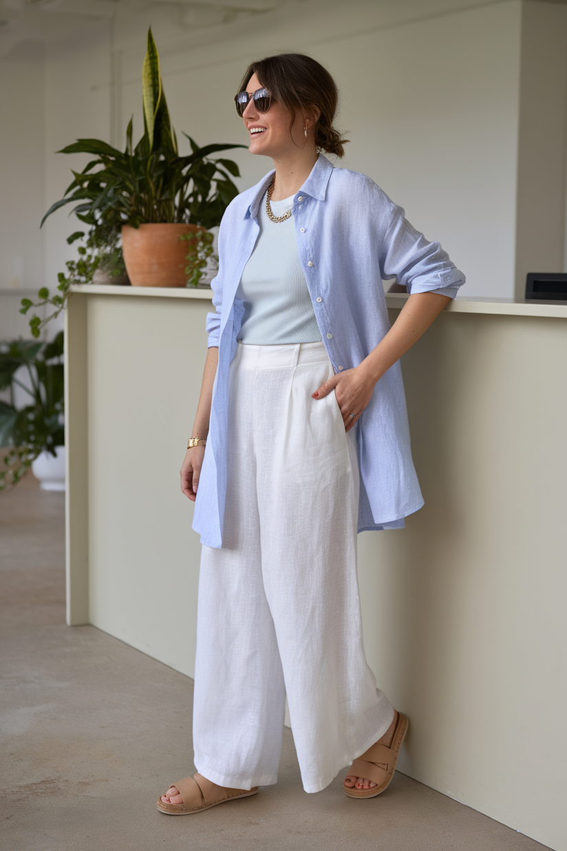 White linen pants styled with a blue button-up shirt for spring work.