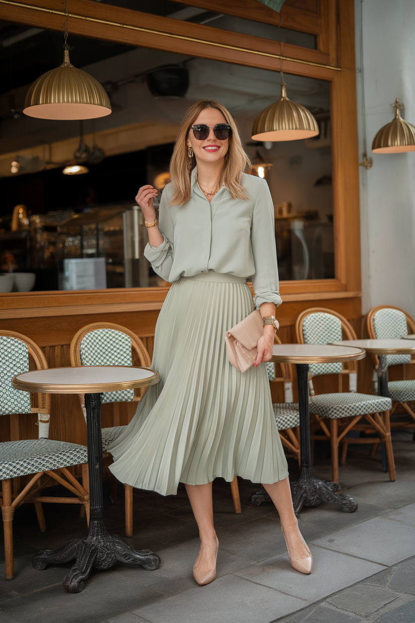 A sage green pleated midi skirt styled with a white blouse for spring work.