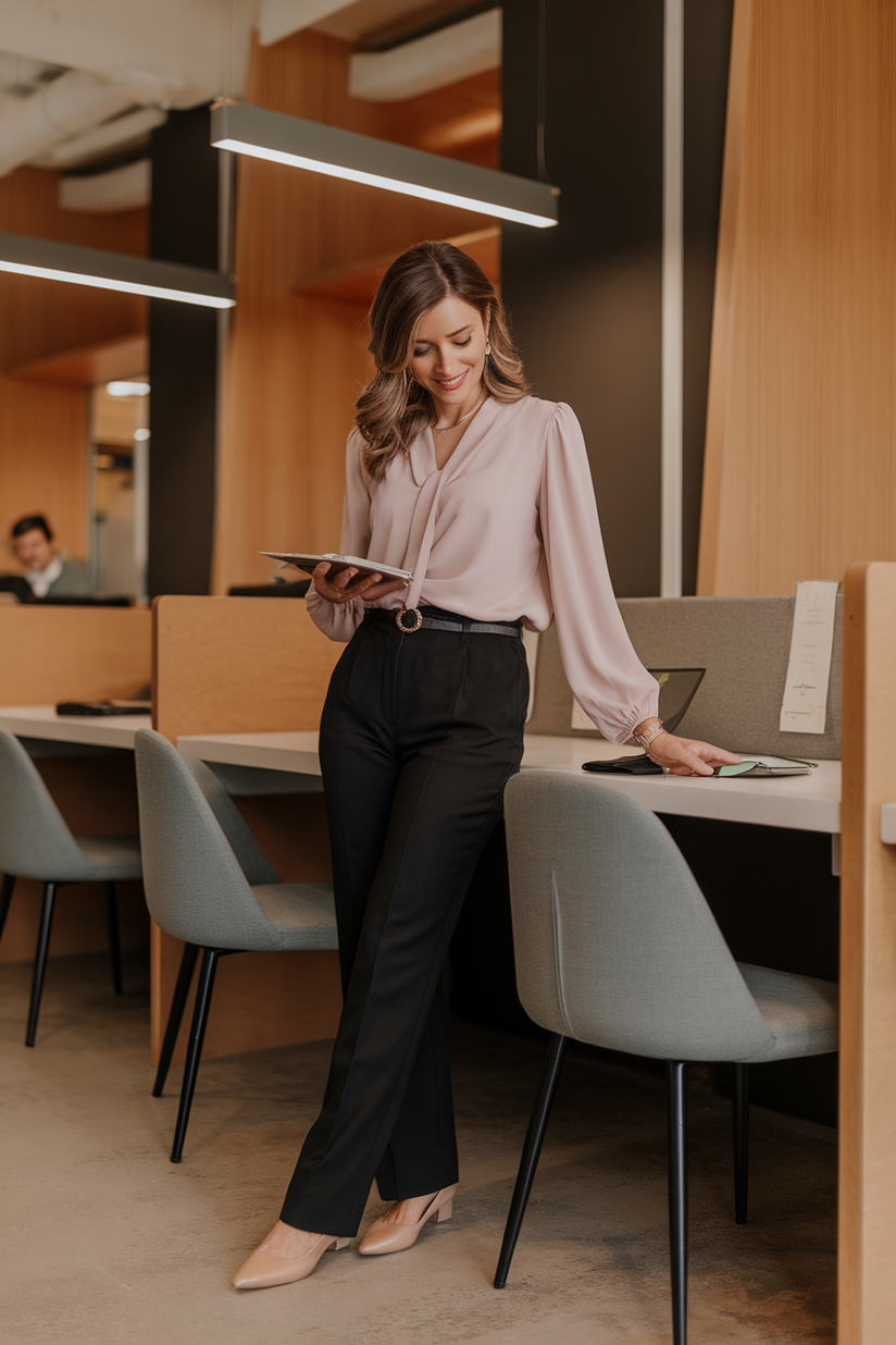 Black trousers styled with a pink blouse and beige flats for a no-jeans spring work outfit.