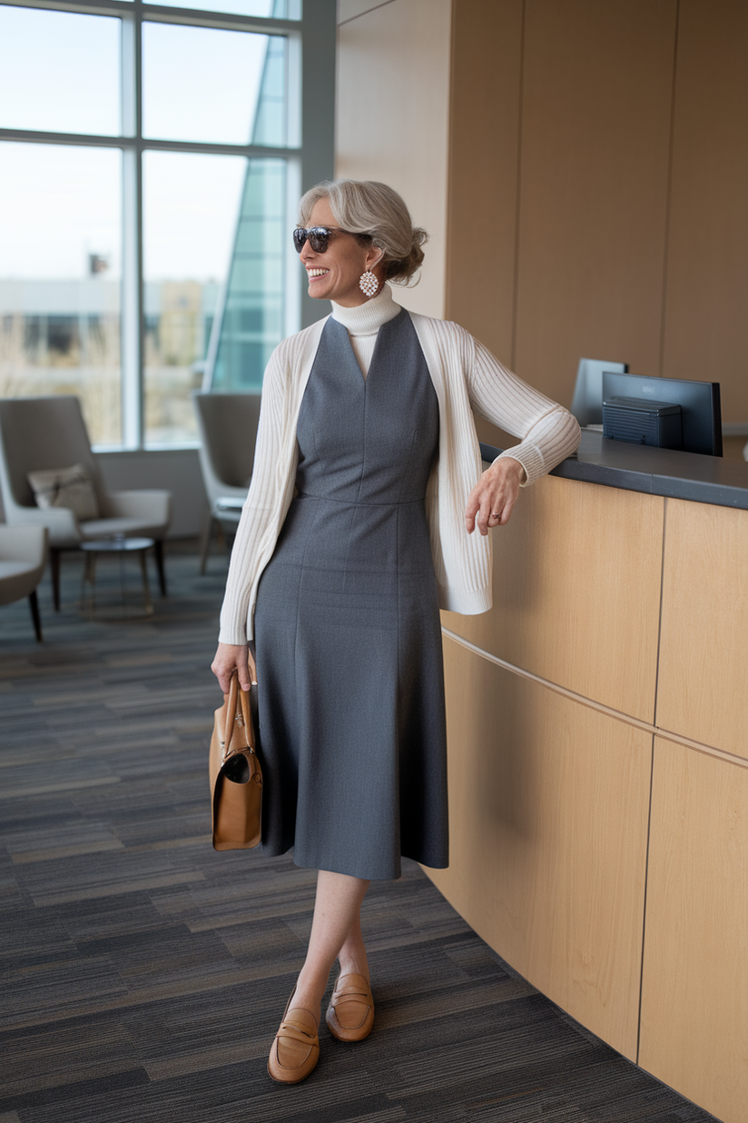 A gray midi dress paired with a white cardigan and tan loafers for spring work outfits over 50.