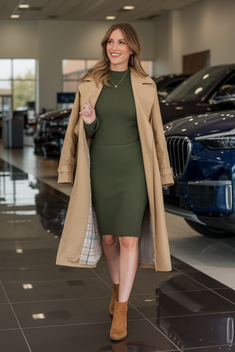 A green knit dress styled with a trench coat and boots for spring work.