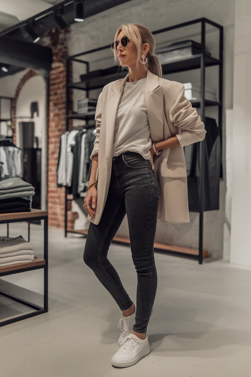 Dark-wash skinny jeans with a beige blazer and white sneakers styled for spring work.