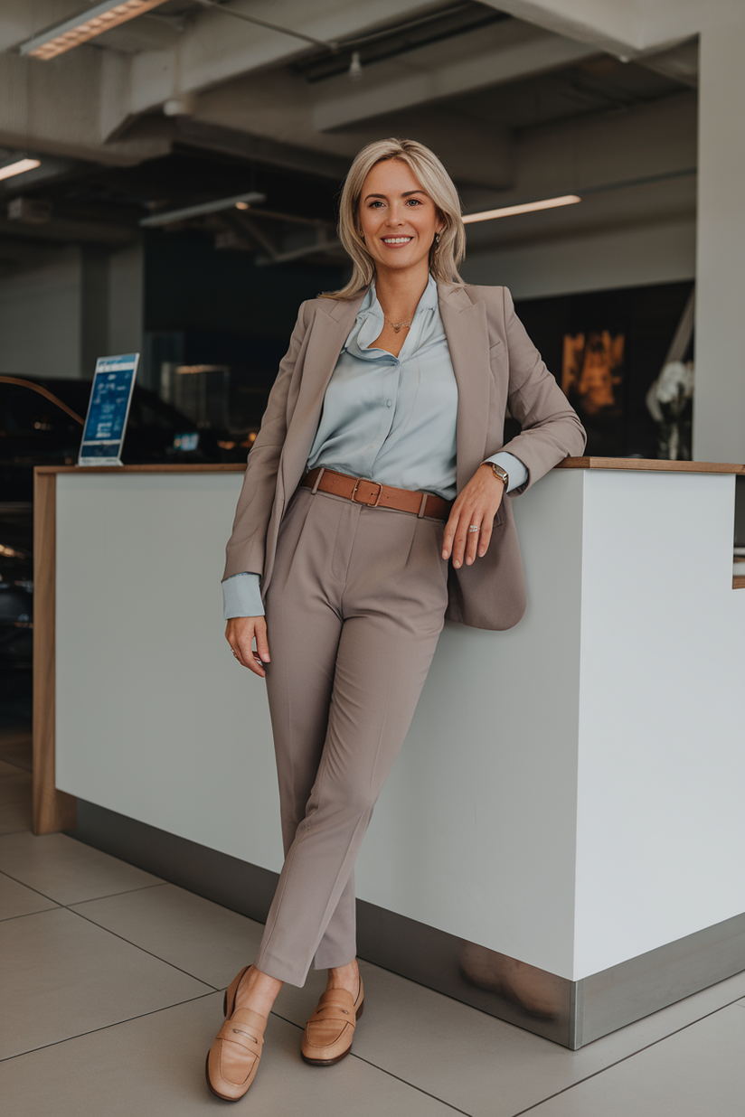 Taupe trousers and a light blue blouse styled with loafers for spring work outfits.