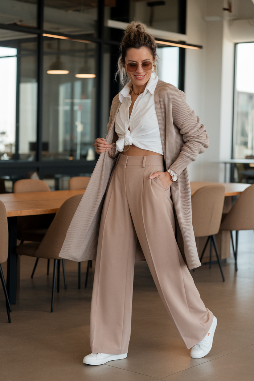 Beige wide-leg trousers and a white button-up shirt paired with white sneakers for spring work.