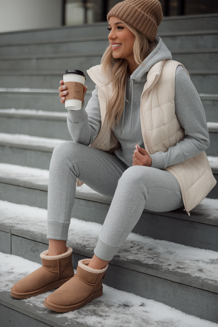 Winter outfit with gray joggers, matching hoodie, and tan UGG boots.