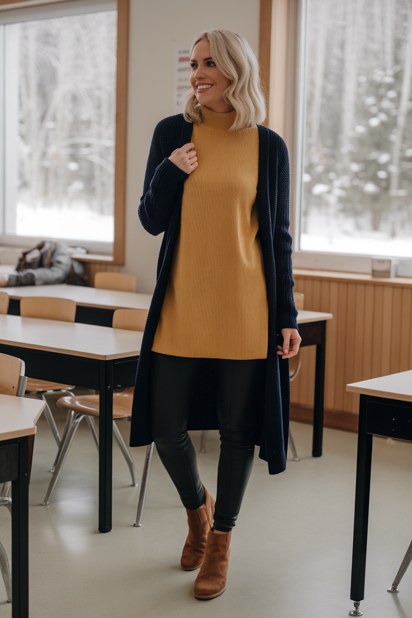 Winter teacher outfit with black leggings, a mustard sweater, and a navy cardigan.